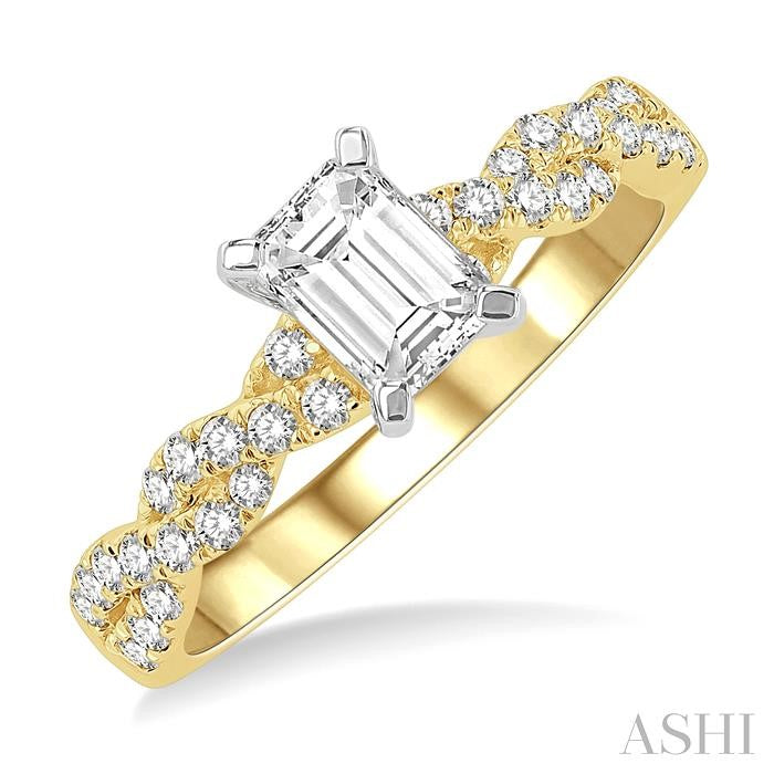 7/8 Ctw Twisted Shank Round Cut Diamond Engagement Ring With 1/2 Ct Emerald Cut Center Stone in 14K Yellow and White Gold