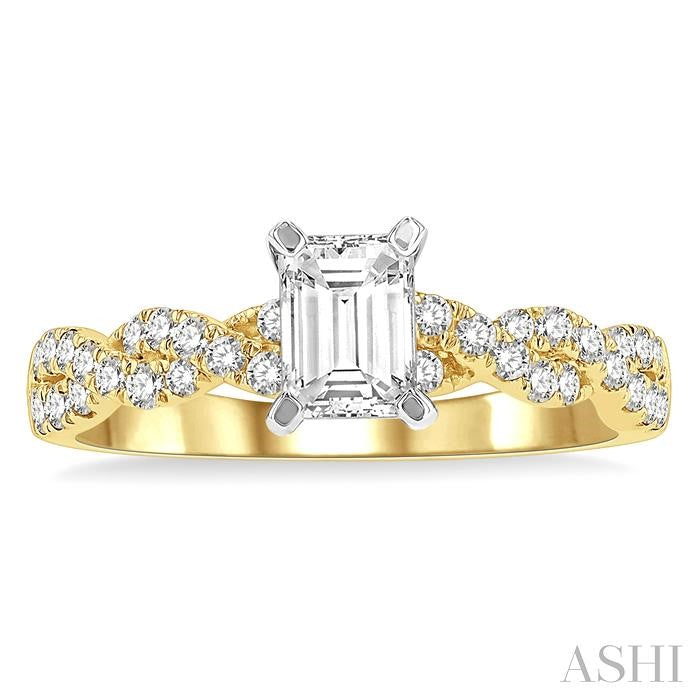 7/8 Ctw Twisted Shank Round Cut Diamond Engagement Ring With 1/2 Ct Emerald Cut Center Stone in 14K Yellow and White Gold