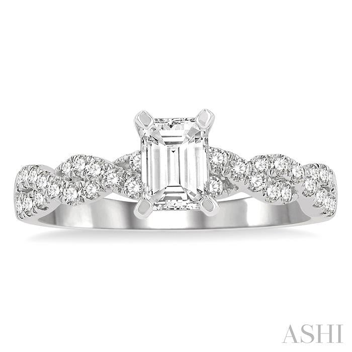 7/8 Ctw Twisted Shank Round Cut Diamond Engagement Ring With 1/2 Ct Emerald Cut Center Stone in 14K White Gold