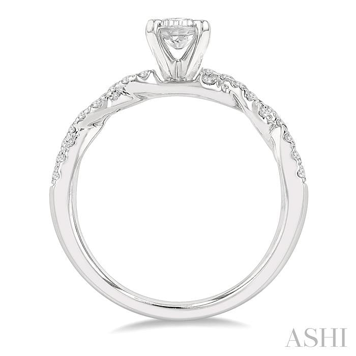 7/8 Ctw Twisted Shank Round Cut Diamond Engagement Ring With 1/2 Ct Emerald Cut Center Stone in 14K White Gold