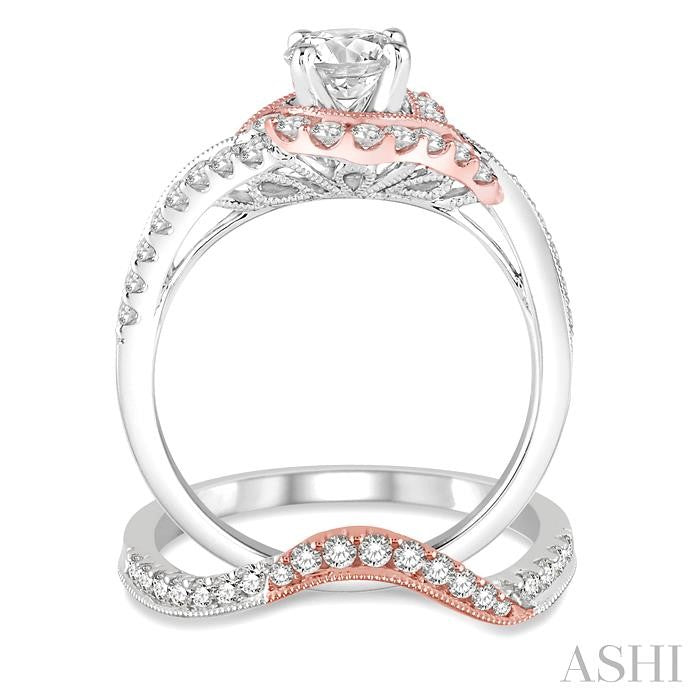 1 1/10 Ctw Diamond Bridal Set with 7/8 Ctw Round Cut Engagement Ring and 1/5 Ctw Wedding Band in 14k White and Rose Gold