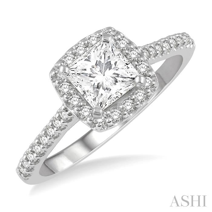 1 Ctw Cushion Shape Round & Princess Cut Diamond Engagement Ring With 3/4 Ctw Princess Cut Center Stone in 14K White Gold