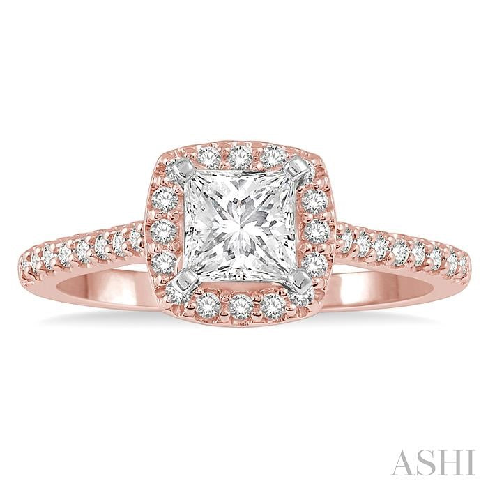 3/4 Ctw Diamond Ladies Engagement Ring with 1/2 Ct Princess Cut Center Stone in 14K Rose and White Gold