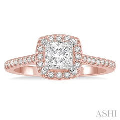 3/4 Ctw Diamond Ladies Engagement Ring with 1/2 Ct Princess Cut Center Stone in 14K Rose and White Gold
