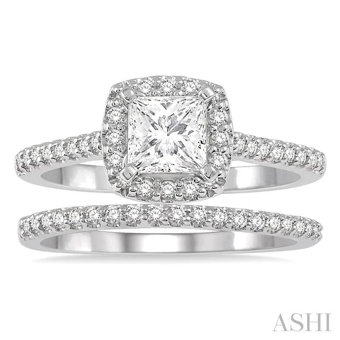 7/8 Ctw Diamond Wedding Set With 3/4 Ctw Princess Cut Engagement Ring and 1/6 Ctw Wedding Band in 14K White Gold