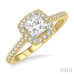 3/4 Ctw Diamond Ladies Engagement Ring with 1/2 Ct Princess Cut Center Stone in 14K Yellow and White Gold