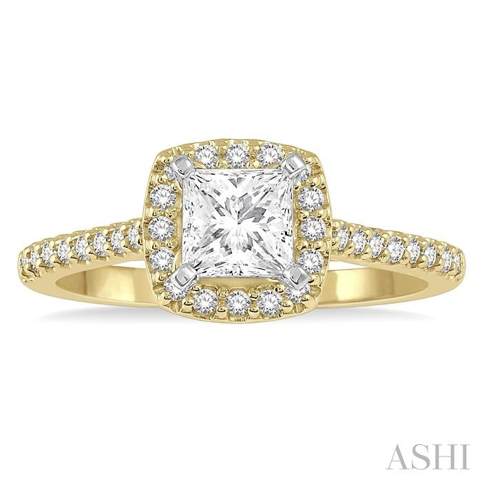 3/4 Ctw Diamond Ladies Engagement Ring with 1/2 Ct Princess Cut Center Stone in 14K Yellow and White Gold