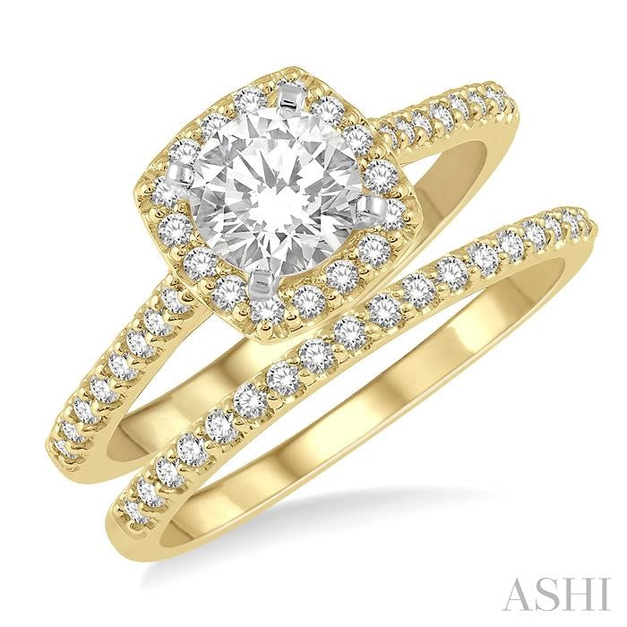7/8 Ctw Diamond Wedding Set With 3/4 Ctw Round Cut Engagement Ring and 1/6 Ctw Wedding Band in 14K Yellow and white gold