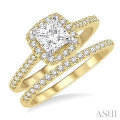 7/8 Ctw Diamond Wedding Set With 3/4 Ctw Princess Cut Engagement Ring in Yellow and White Gold and 1/6 Ctw Wedding Band in 14K yellow Gold