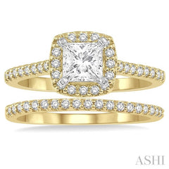7/8 Ctw Diamond Wedding Set With 3/4 Ctw Princess Cut Engagement Ring in Yellow and White Gold and 1/6 Ctw Wedding Band in 14K yellow Gold