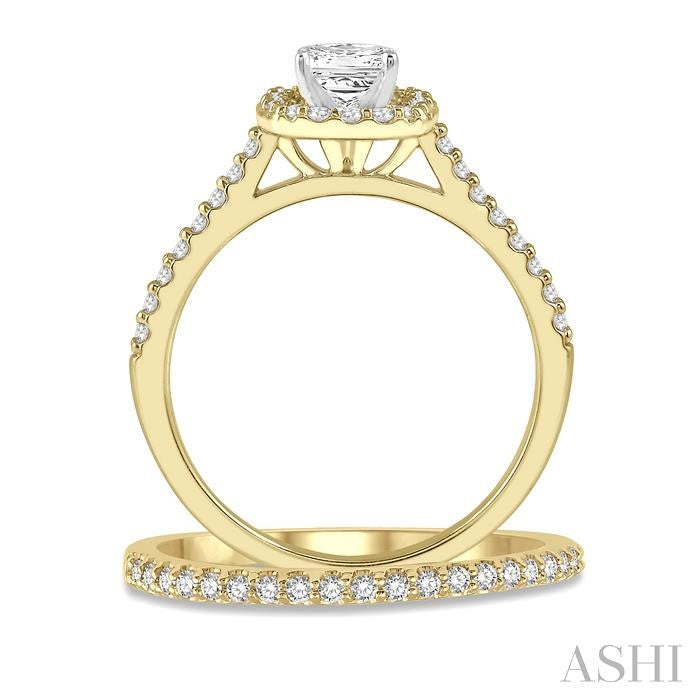 7/8 Ctw Diamond Wedding Set With 3/4 Ctw Princess Cut Engagement Ring in Yellow and White Gold and 1/6 Ctw Wedding Band in 14K yellow Gold