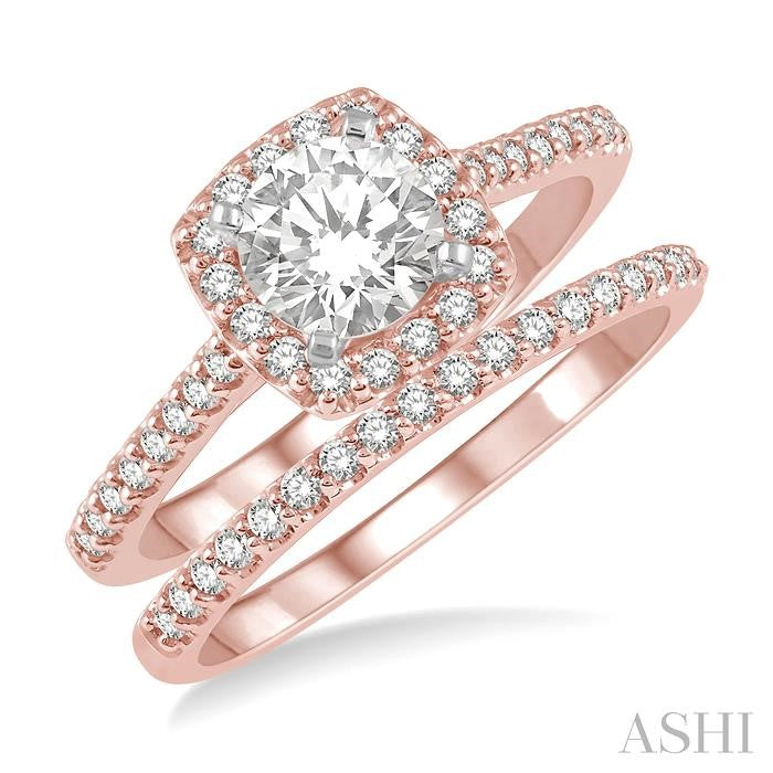 1/2 Ctw Diamond Wedding Set With 3/8 Ctw Round Cut Engagement Ring and 1/10 Ctw Wedding Band in 14K Rose and White gold