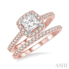 1/2 Ctw Diamond Wedding Set With 3/8 Ctw Princess Cut Engagement Ring in Rose and White Gold and 1/10 Ctw Wedding Band in 14K Rose Gold
