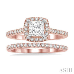 1/2 Ctw Diamond Wedding Set With 3/8 Ctw Princess Cut Engagement Ring in Rose and White Gold and 1/10 Ctw Wedding Band in 14K Rose Gold