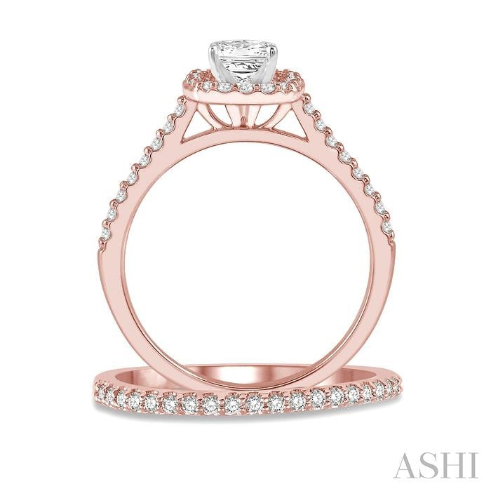 1/2 Ctw Diamond Wedding Set With 3/8 Ctw Princess Cut Engagement Ring in Rose and White Gold and 1/10 Ctw Wedding Band in 14K Rose Gold
