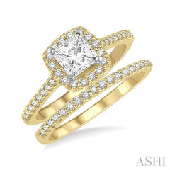 1/2 Ctw Diamond Wedding Set With 3/8 Ctw Princess Cut Engagement Ring in Yellow and White Gold and 1/10 Ctw Wedding Band in 14K Yellow Gold