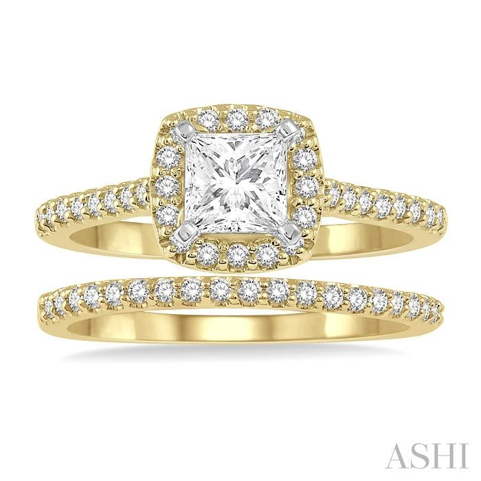 1/2 Ctw Diamond Wedding Set With 3/8 Ctw Princess Cut Engagement Ring in Yellow and White Gold and 1/10 Ctw Wedding Band in 14K Yellow Gold