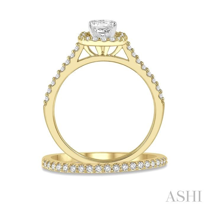 1/2 Ctw Diamond Wedding Set With 3/8 Ctw Princess Cut Engagement Ring in Yellow and White Gold and 1/10 Ctw Wedding Band in 14K Yellow Gold