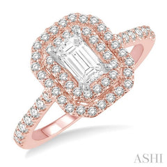 1 Ctw Diamond Ladies Engagement Ring with 1/2 Ct Emerald Cut Center Stone in 14K Rose and White Gold