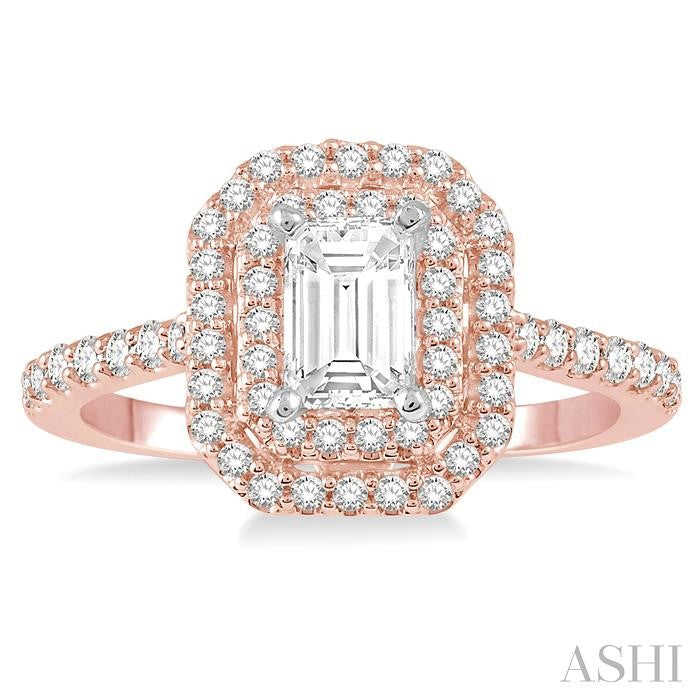 1 Ctw Diamond Ladies Engagement Ring with 1/2 Ct Emerald Cut Center Stone in 14K Rose and White Gold