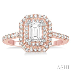 1 Ctw Diamond Ladies Engagement Ring with 1/2 Ct Emerald Cut Center Stone in 14K Rose and White Gold