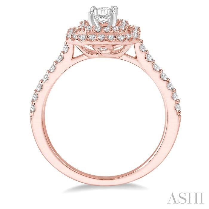 1 Ctw Diamond Ladies Engagement Ring with 1/2 Ct Emerald Cut Center Stone in 14K Rose and White Gold