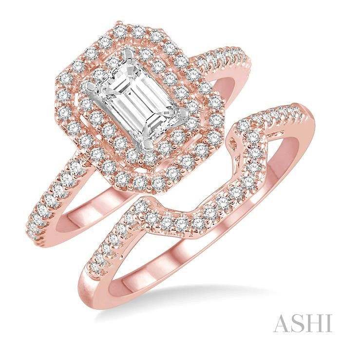 5/8 Ctw Diamond Wedding Set in 14K With 1/2 Ctw Emerald Shape Engagement Ring in Rose and White Gold and 1/8 Ctw U-Shape Wedding Band in Rose Gold