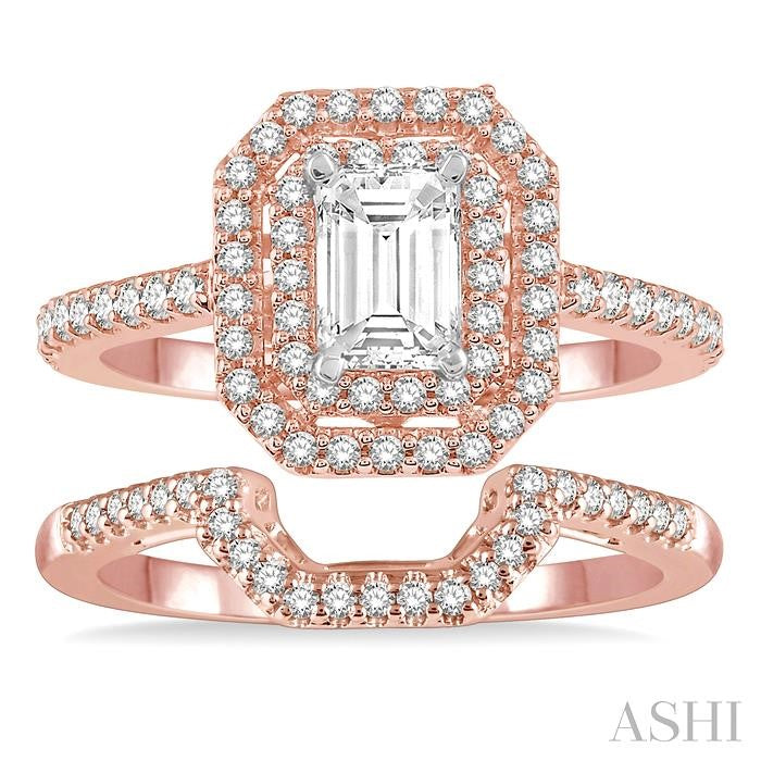 5/8 Ctw Diamond Wedding Set in 14K With 1/2 Ctw Emerald Shape Engagement Ring in Rose and White Gold and 1/8 Ctw U-Shape Wedding Band in Rose Gold