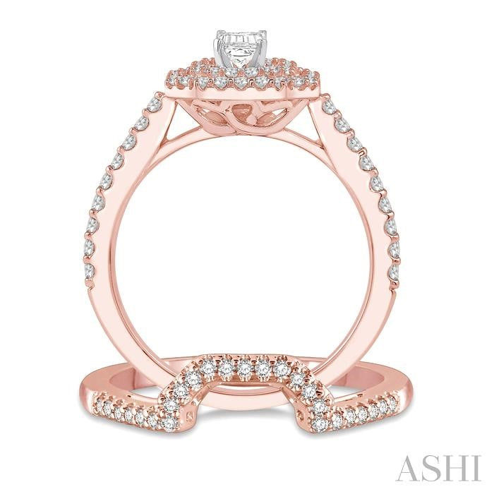 5/8 Ctw Diamond Wedding Set in 14K With 1/2 Ctw Emerald Shape Engagement Ring in Rose and White Gold and 1/8 Ctw U-Shape Wedding Band in Rose Gold
