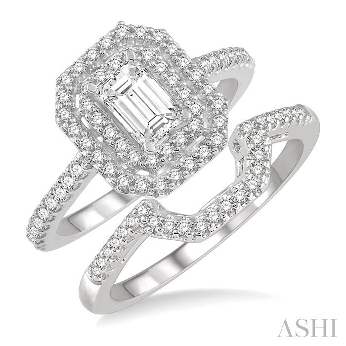 5/8 Ctw Diamond Wedding Set in 14K With 1/2 Ctw Emerald Shape Engagement Ring and 1/8 Ctw U-Shape Wedding Band in White Gold