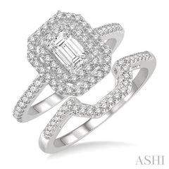 5/8 Ctw Diamond Wedding Set in 14K With 1/2 Ctw Emerald Shape Engagement Ring and 1/8 Ctw U-Shape Wedding Band in White Gold