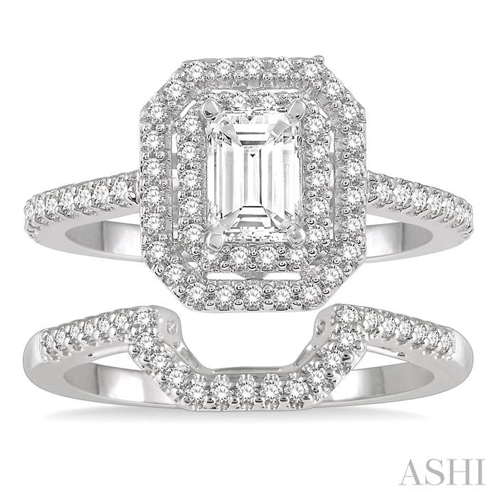 5/8 Ctw Diamond Wedding Set in 14K With 1/2 Ctw Emerald Shape Engagement Ring and 1/8 Ctw U-Shape Wedding Band in White Gold