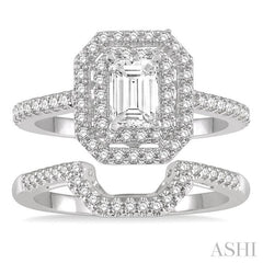 5/8 Ctw Diamond Wedding Set in 14K With 1/2 Ctw Emerald Shape Engagement Ring and 1/8 Ctw U-Shape Wedding Band in White Gold