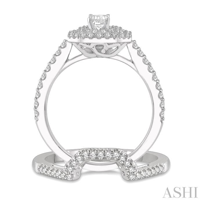 5/8 Ctw Diamond Wedding Set in 14K With 1/2 Ctw Emerald Shape Engagement Ring and 1/8 Ctw U-Shape Wedding Band in White Gold