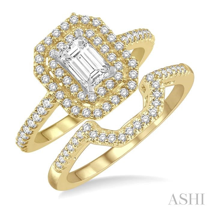 5/8 Ctw Diamond Wedding Set in 14K With 1/2 Ctw Emerald Shape Engagement Ring in Yellow and White Gold & 1/8 Ctw U-Shape Wedding Band in Yellow Gold