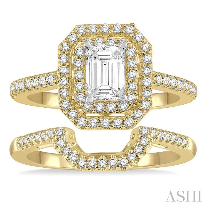 5/8 Ctw Diamond Wedding Set in 14K With 1/2 Ctw Emerald Shape Engagement Ring in Yellow and White Gold & 1/8 Ctw U-Shape Wedding Band in Yellow Gold