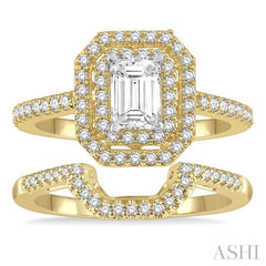 5/8 Ctw Diamond Wedding Set in 14K With 1/2 Ctw Emerald Shape Engagement Ring in Yellow and White Gold & 1/8 Ctw U-Shape Wedding Band in Yellow Gold
