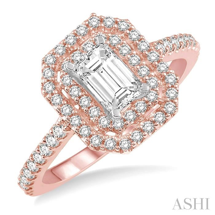 1/2 Ctw Diamond Ladies Engagement Ring with 1/4 Ct Emerald Cut Center Stone in 14K Rose and White Gold