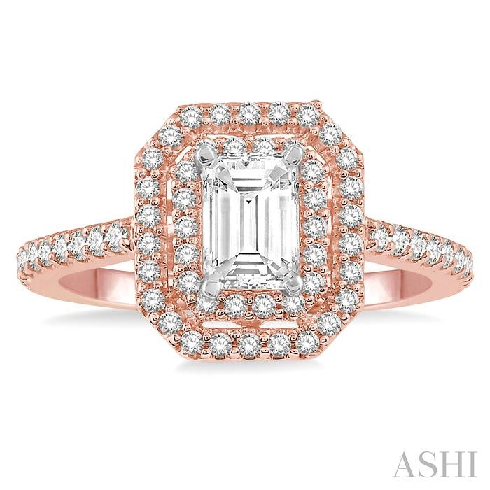 1/2 Ctw Diamond Ladies Engagement Ring with 1/4 Ct Emerald Cut Center Stone in 14K Rose and White Gold