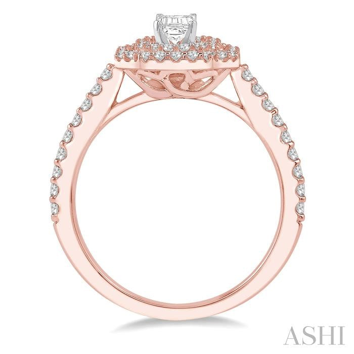 1/2 Ctw Diamond Ladies Engagement Ring with 1/4 Ct Emerald Cut Center Stone in 14K Rose and White Gold