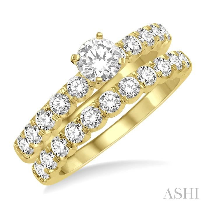 1 1/2 Ctw Diamond Wedding Set With 1 Ctw Round Cut Engagement Ring and 1/2 Ctw Wedding Band in 14K Yellow Gold