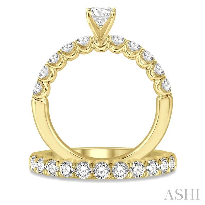 1 1/2 Ctw Diamond Wedding Set With 1 Ctw Round Cut Engagement Ring and 1/2 Ctw Wedding Band in 14K Yellow Gold