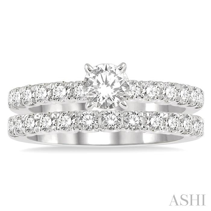 3/4 Ctw Diamond Wedding Set With 1/2 Ctw Round Cut Engagement Ring and 1/4 Ctw Wedding Band in 14K White Gold