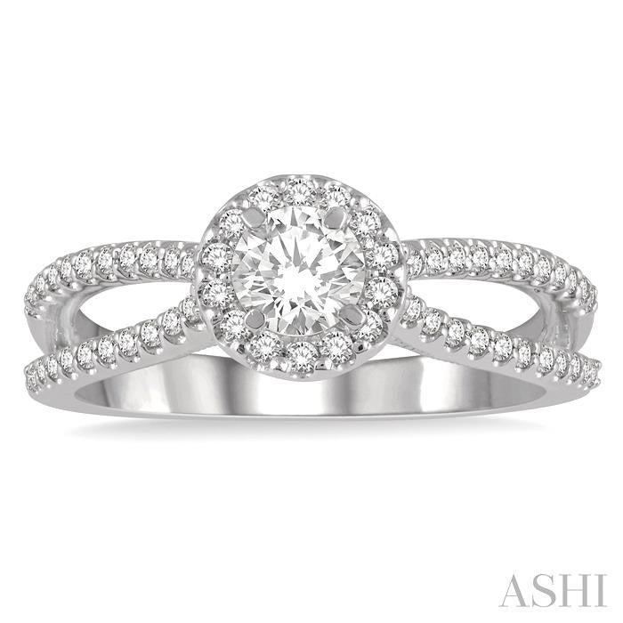 5/8 Ctw Floral Center Split Shank Diamond Ladies Engagement Ring in 14K White Gold