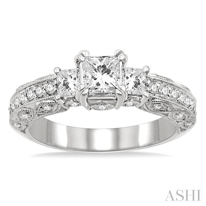 1 1/4 Ctw Diamond Engagement Ring with 1/2 Ct Princess Cut Center Stone in 14K White Gold