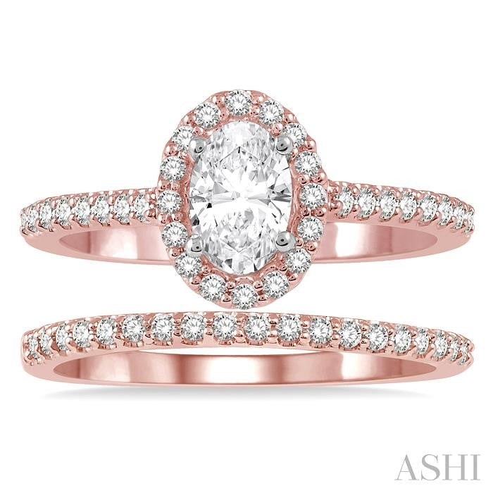7/8 Ctw Diamond Wedding Set With 3/4 Ctw Oval Cut Engagement Ring and 1/6 Ctw Wedding Band in 14K Rose and White Gold
