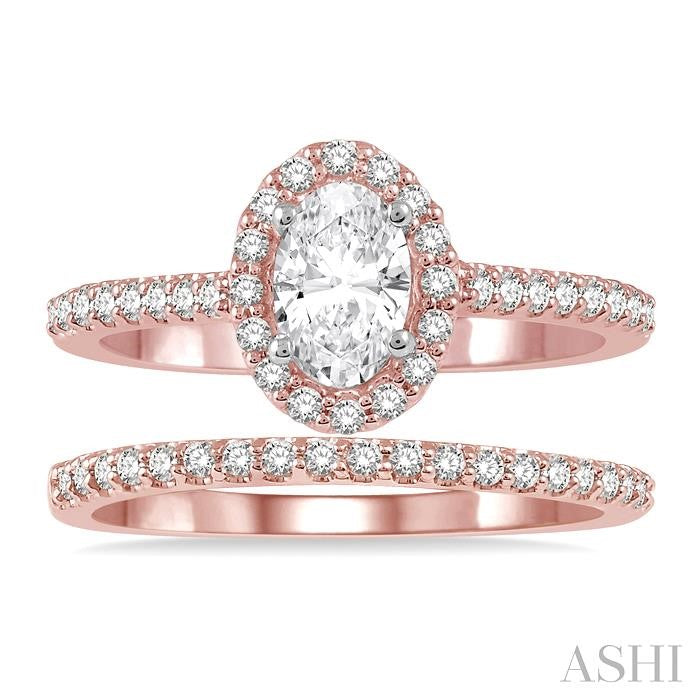1/2 Ctw Diamond Wedding Set With 3/8 Ct Oval Cut Engagement Ring and 1/10 Ct Wedding Band in 14K Rose and White Gold