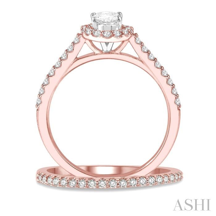 1/2 Ctw Diamond Wedding Set With 3/8 Ct Oval Cut Engagement Ring and 1/10 Ct Wedding Band in 14K Rose and White Gold