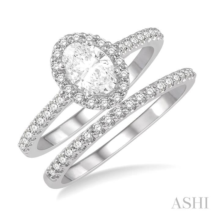 1/2 Ctw Diamond Wedding Set With 3/8 Ct Oval Cut Engagement Ring and 1/10 Ct Wedding Band in 14K White Gold