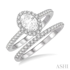 1/2 Ctw Diamond Wedding Set With 3/8 Ct Oval Cut Engagement Ring and 1/10 Ct Wedding Band in 14K White Gold